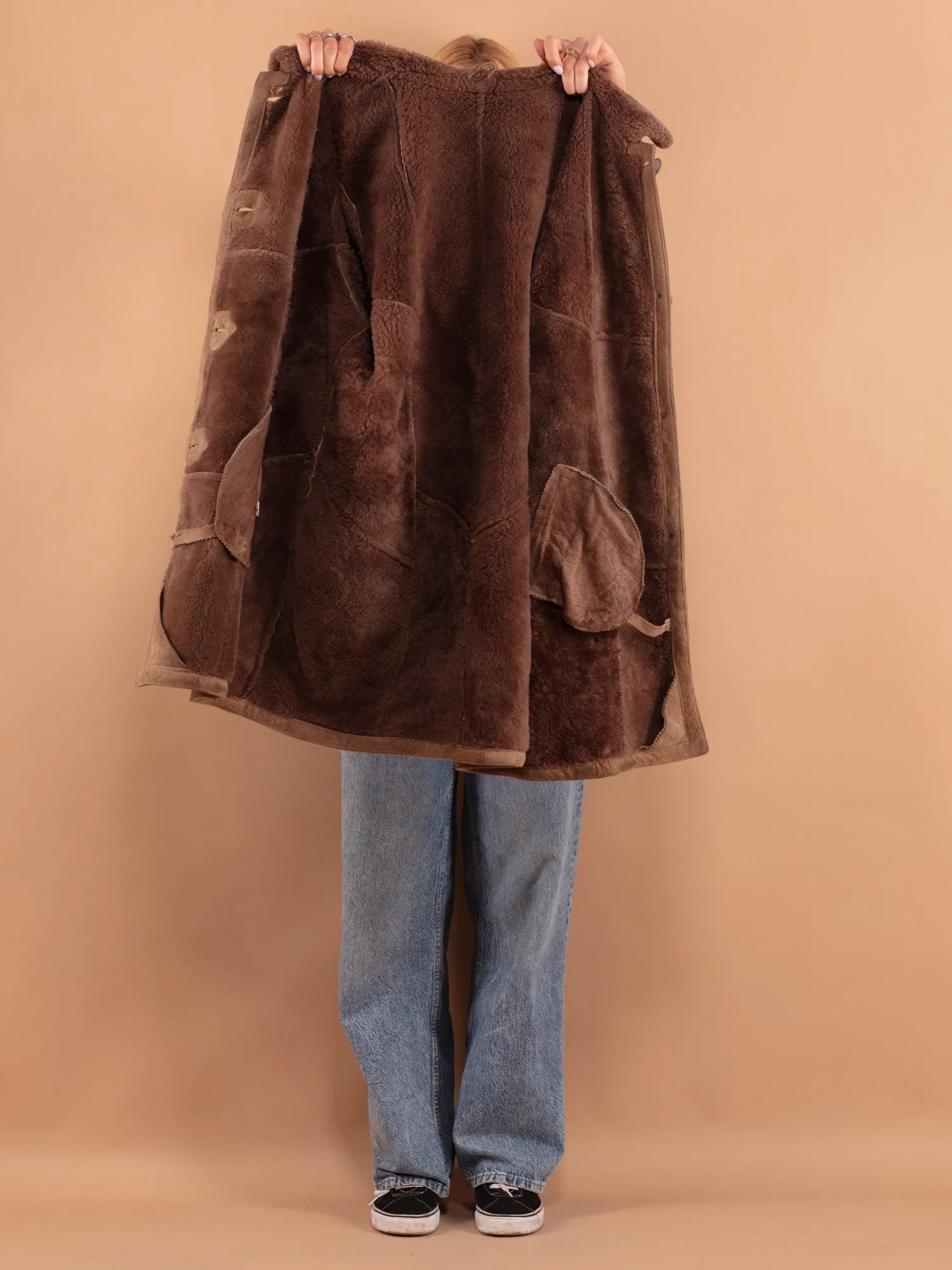 Vintage 90's Women Hooded Sheepskin Coat in Beige