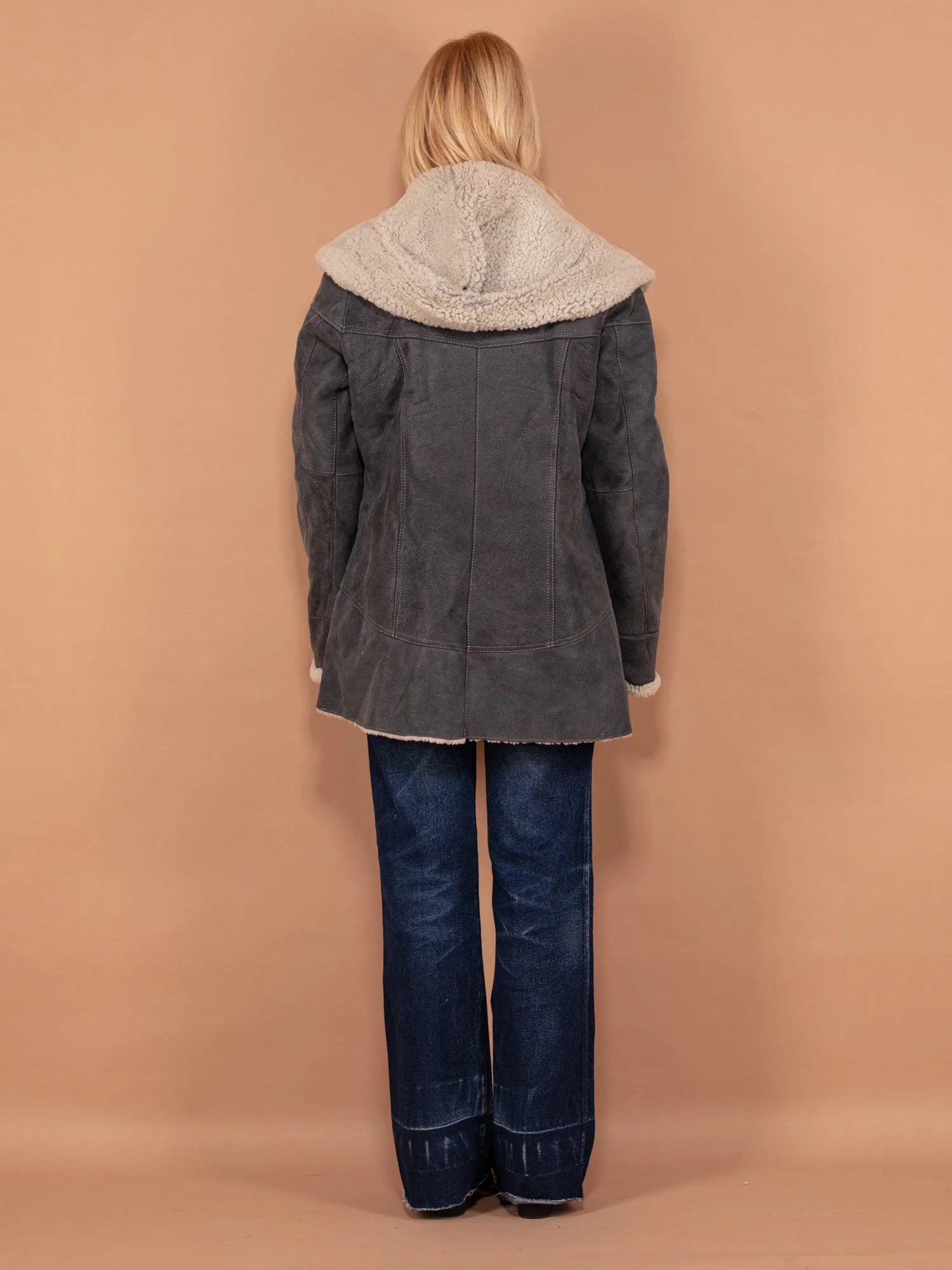 Vintage 90's Women Hooded Sheepskin Coat in Gray