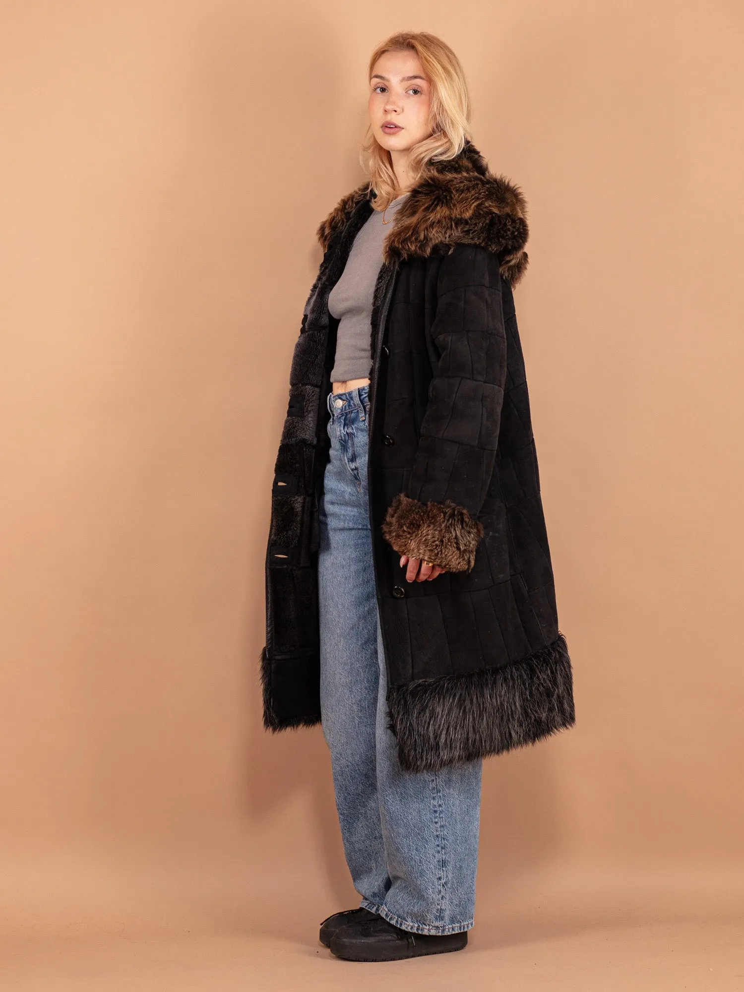 Vintage 90's Women Patchwork Sheepskin Coat in Black