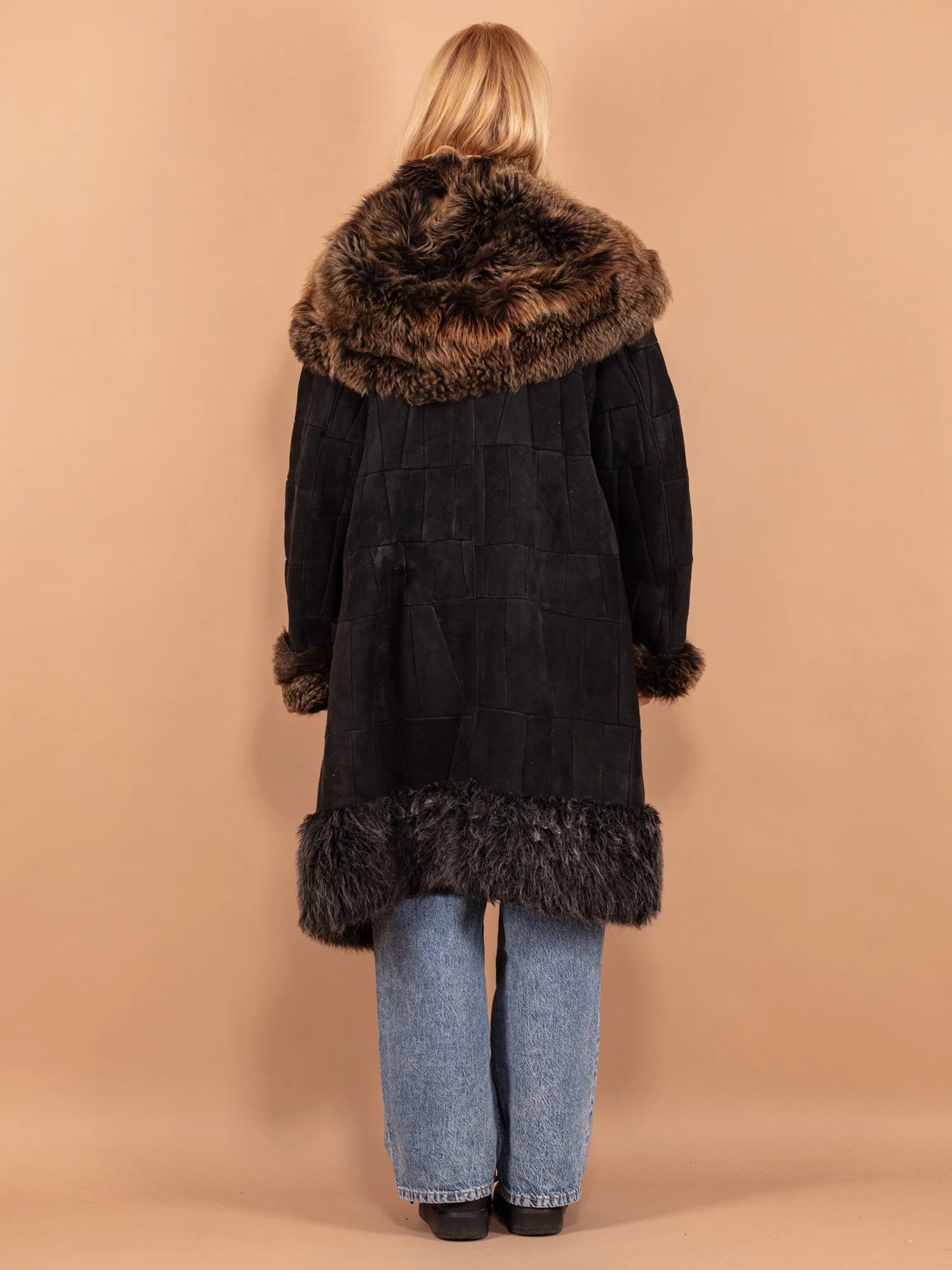 Vintage 90's Women Patchwork Sheepskin Coat in Black