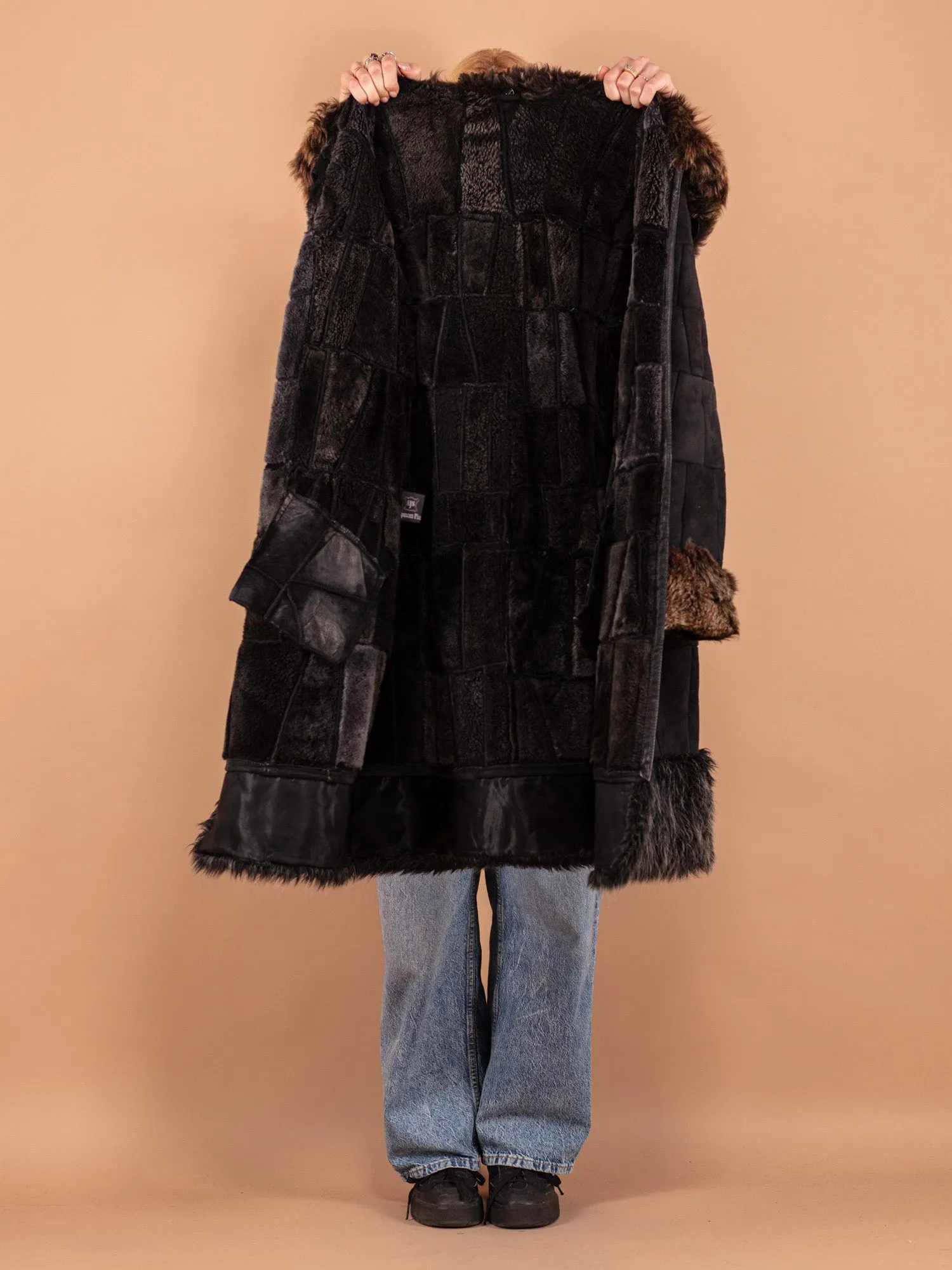 Vintage 90's Women Patchwork Sheepskin Coat in Black