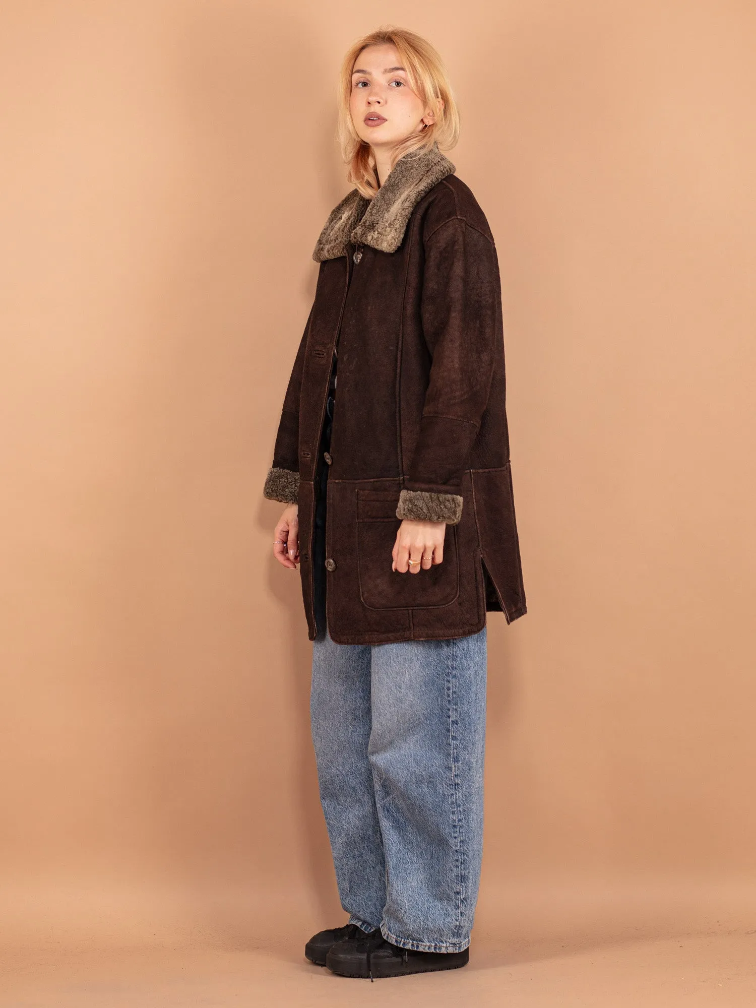 Vintage 90's Women Sheepskin Coat in Brown