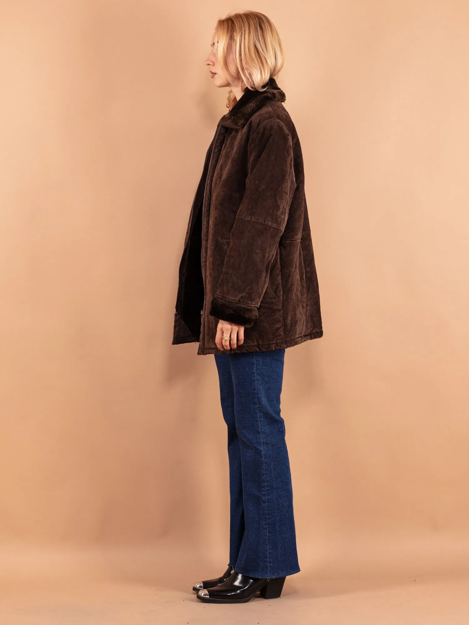 Vintage 90's Women Suede Sherpa Coat in Brown