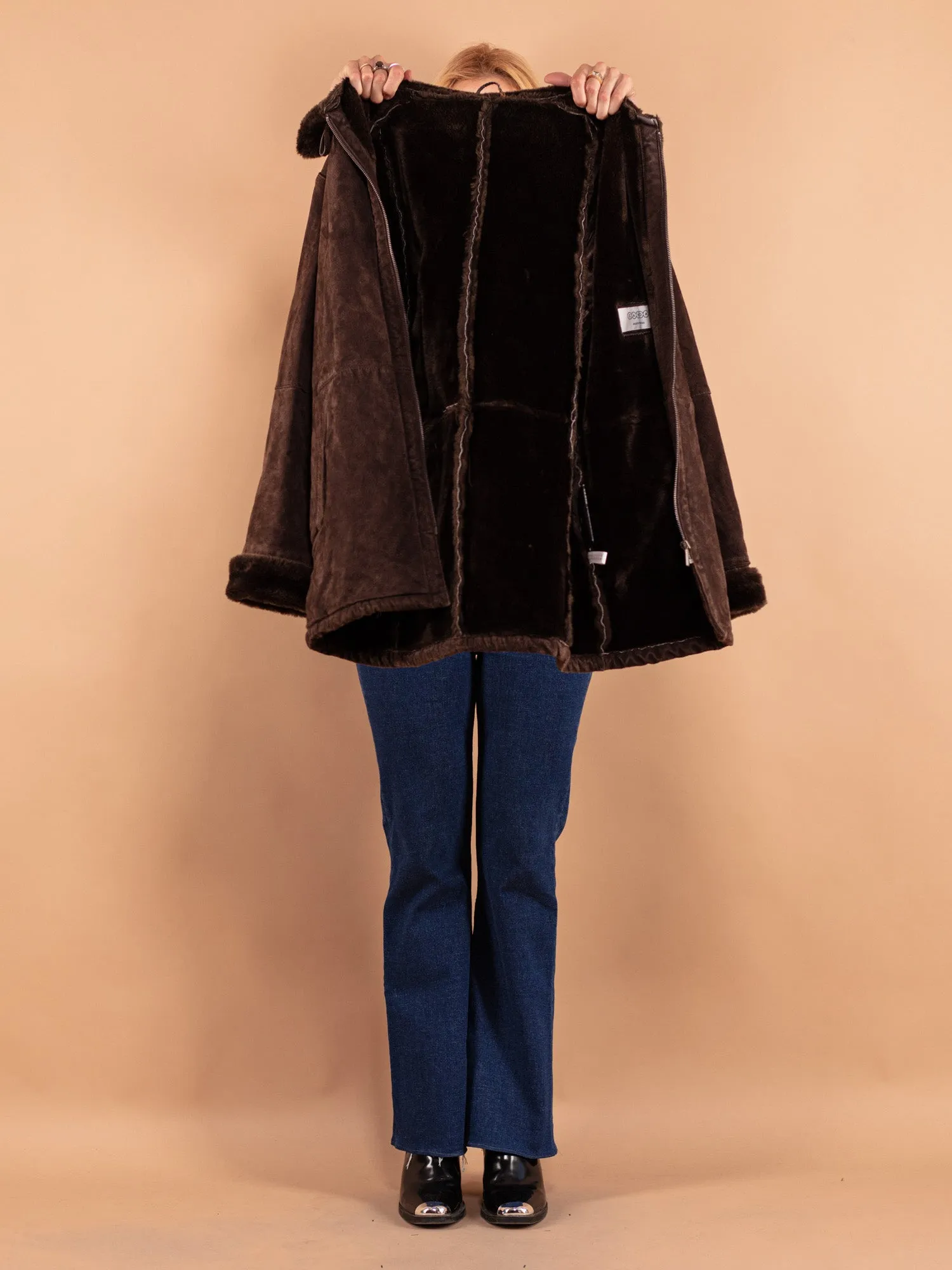 Vintage 90's Women Suede Sherpa Coat in Brown