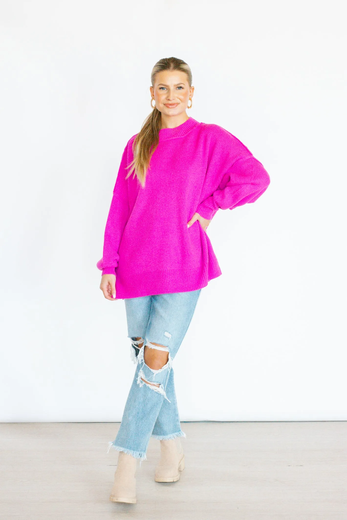 Waiting on Forever Magenta Mock Neck Sweater