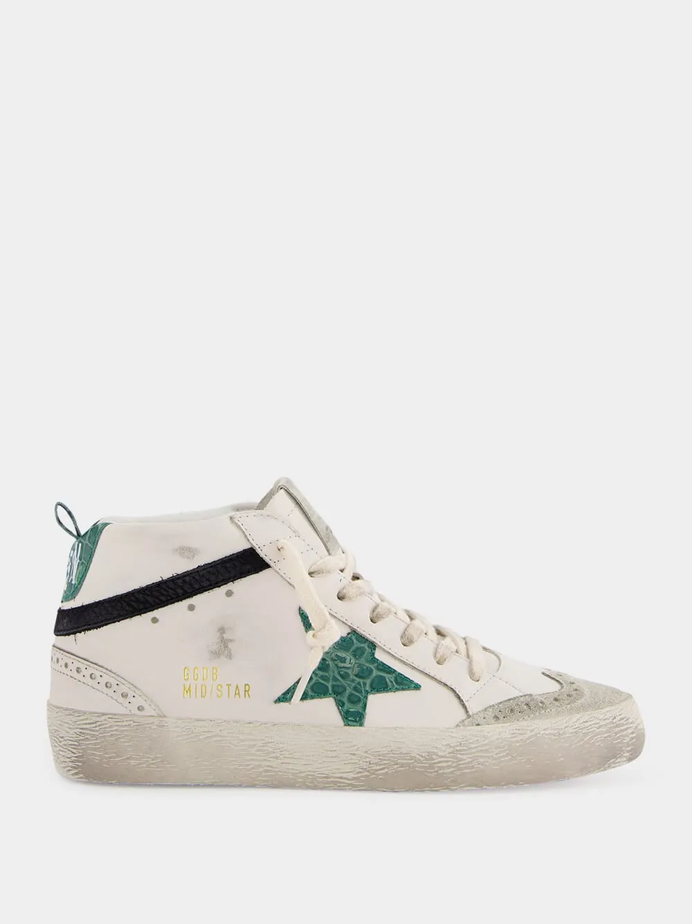 White and Green Mid Star Sneakers With Croc-Embossed Star