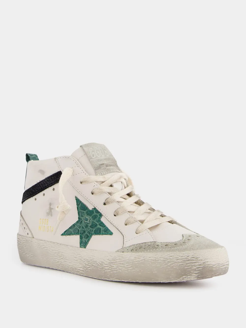 White and Green Mid Star Sneakers With Croc-Embossed Star