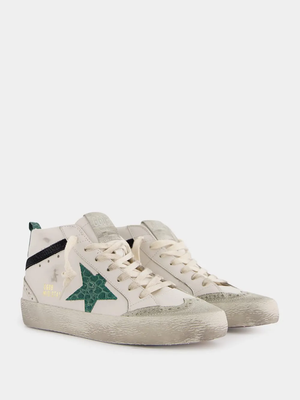 White and Green Mid Star Sneakers With Croc-Embossed Star