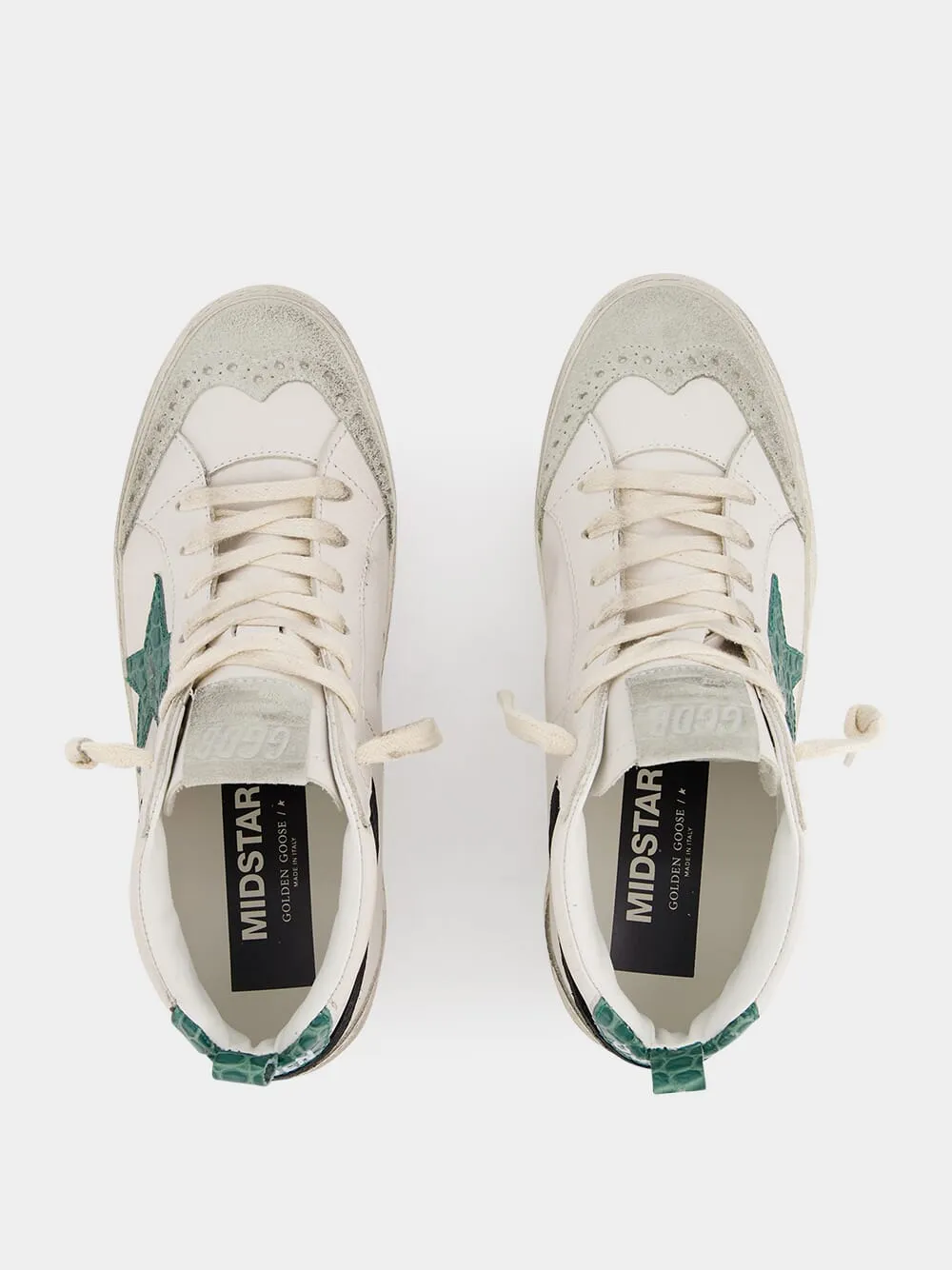 White and Green Mid Star Sneakers With Croc-Embossed Star