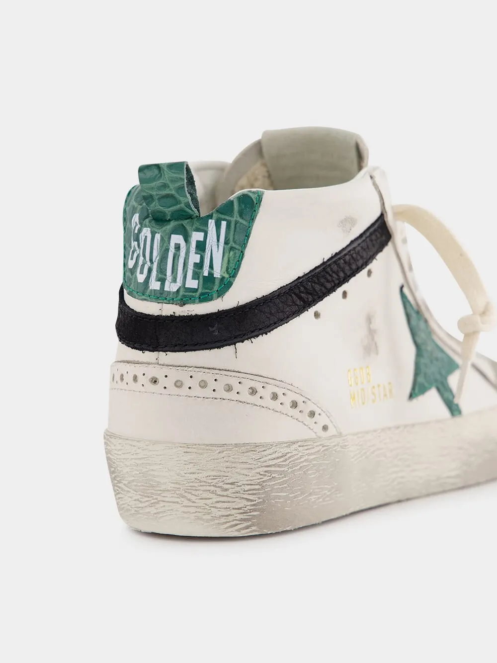 White and Green Mid Star Sneakers With Croc-Embossed Star