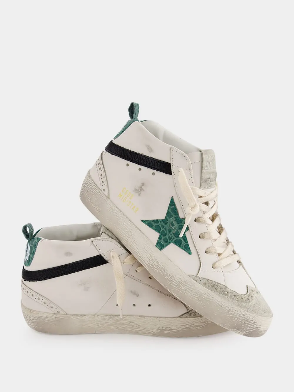 White and Green Mid Star Sneakers With Croc-Embossed Star