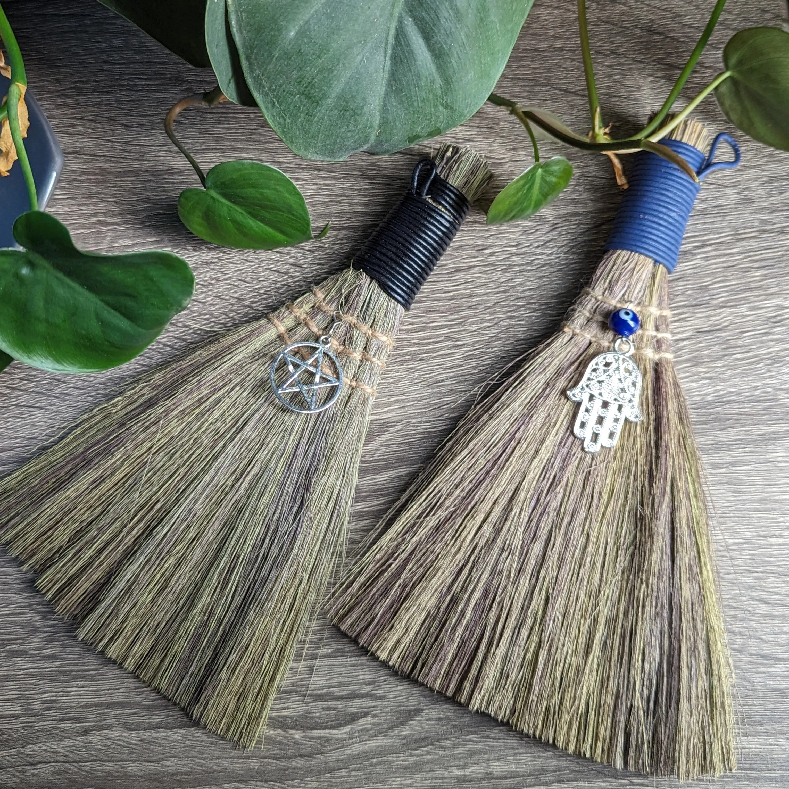 Wicca Broom ~ Evil Eye with Hamsa Charm or Pentacle Charm