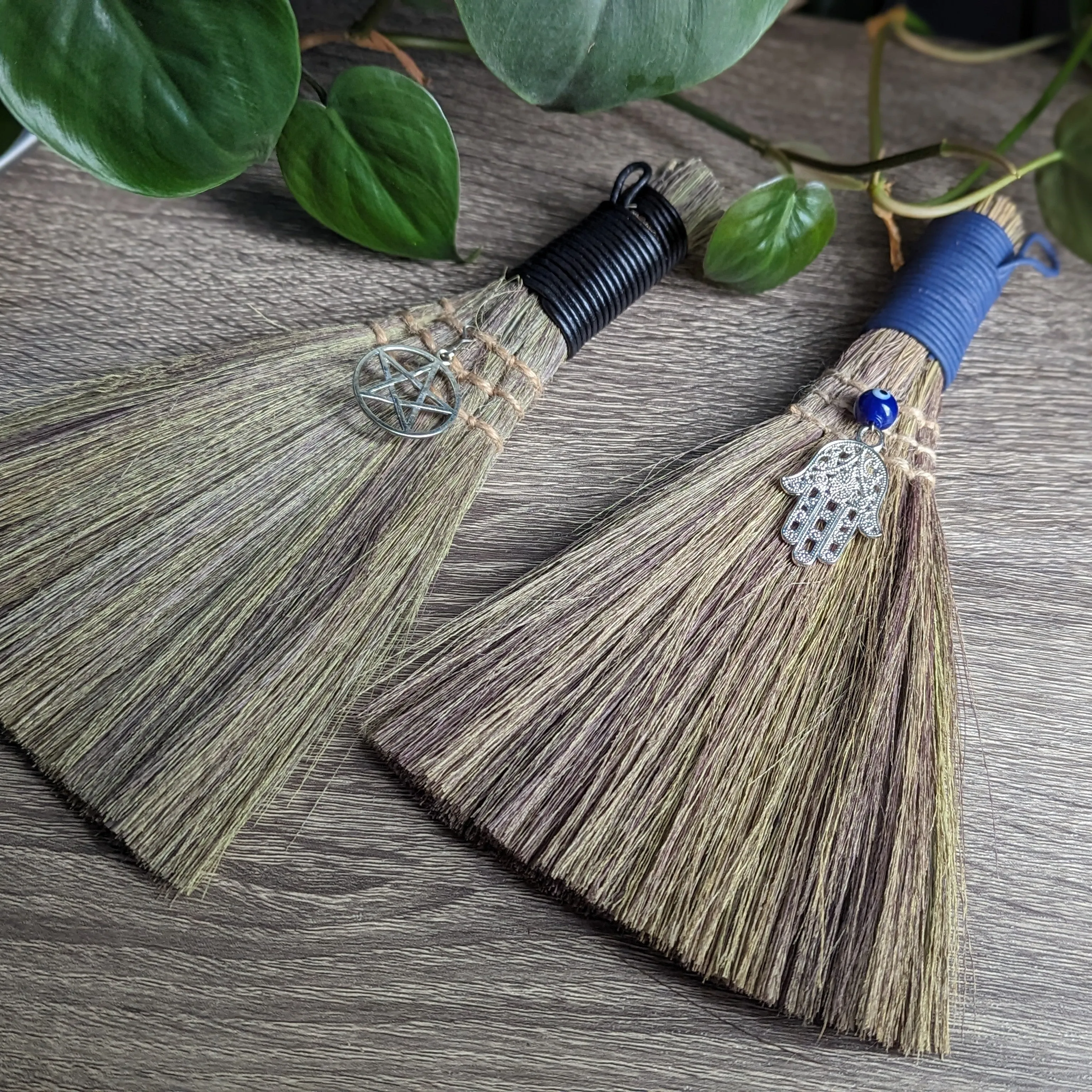 Wicca Broom ~ Evil Eye with Hamsa Charm or Pentacle Charm