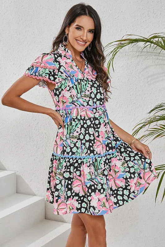 Women Floral Ricrac Embellished Tiered Mini Dress