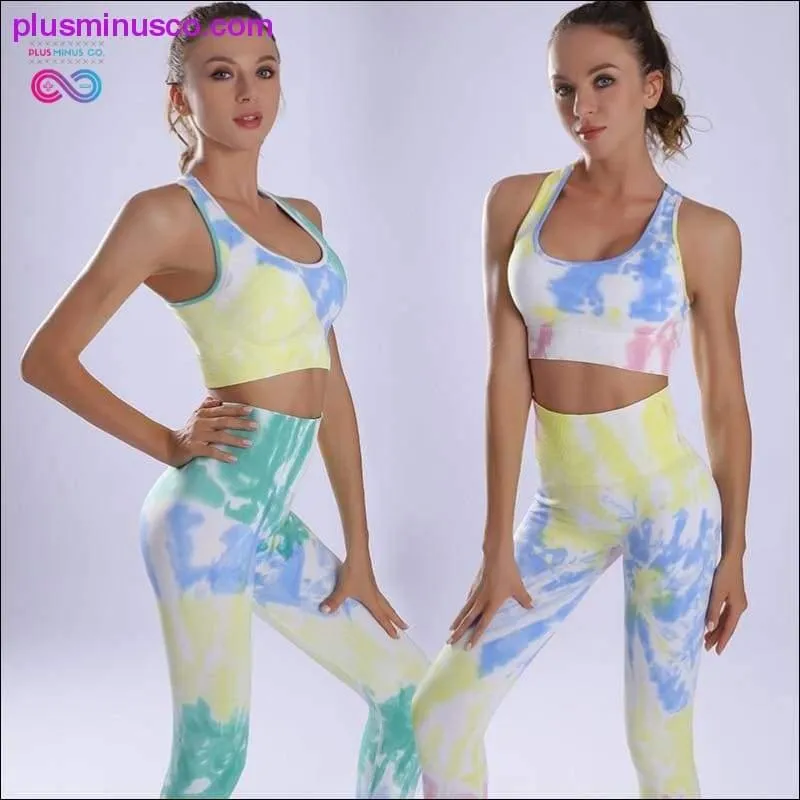 Women Yoga Sportswear Seamless Running Suits Green+ Blue Tie