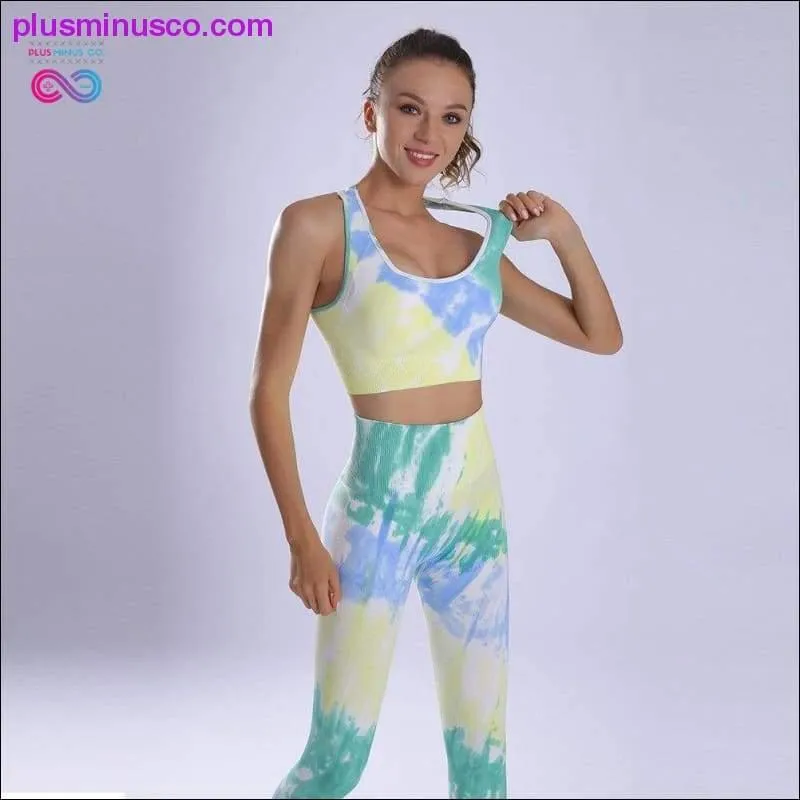 Women Yoga Sportswear Seamless Running Suits Green+ Blue Tie