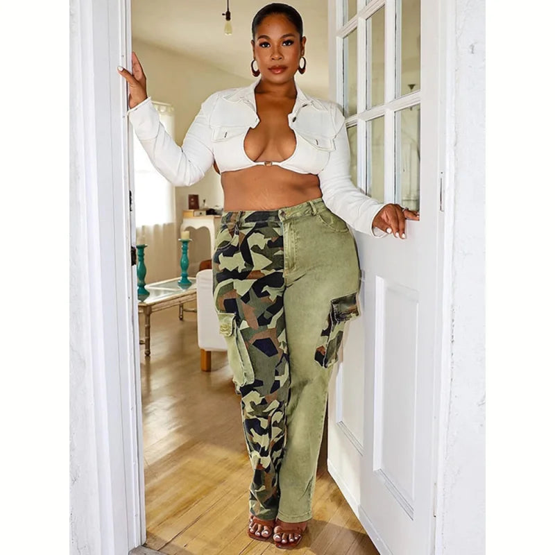 Women's Casual Fashion Hollow Streetwear Camouflage Straight Pants