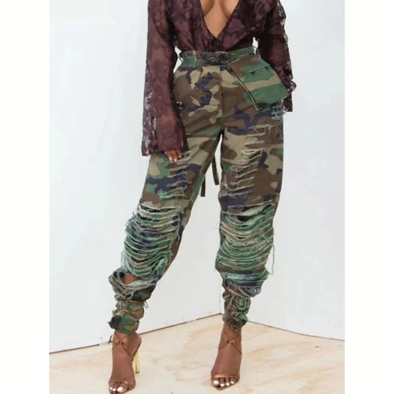 Women's Casual Fashion Hollow Streetwear Camouflage Straight Pants