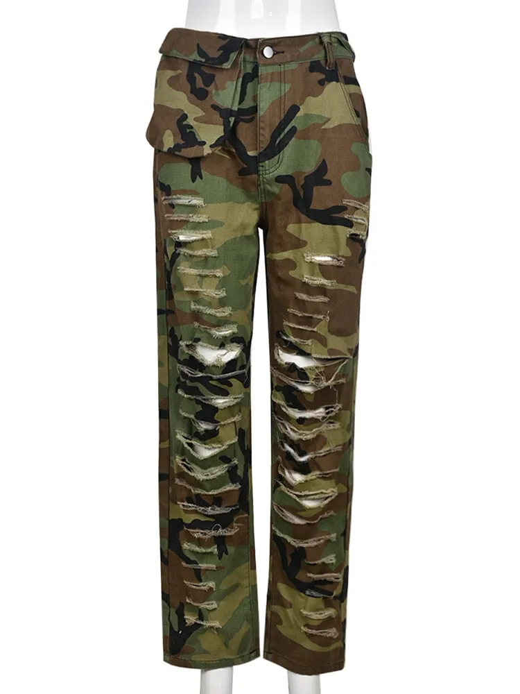 Women's Casual Fashion Hollow Streetwear Camouflage Straight Pants