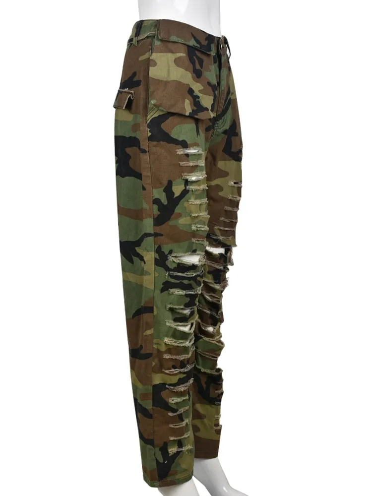 Women's Casual Fashion Hollow Streetwear Camouflage Straight Pants