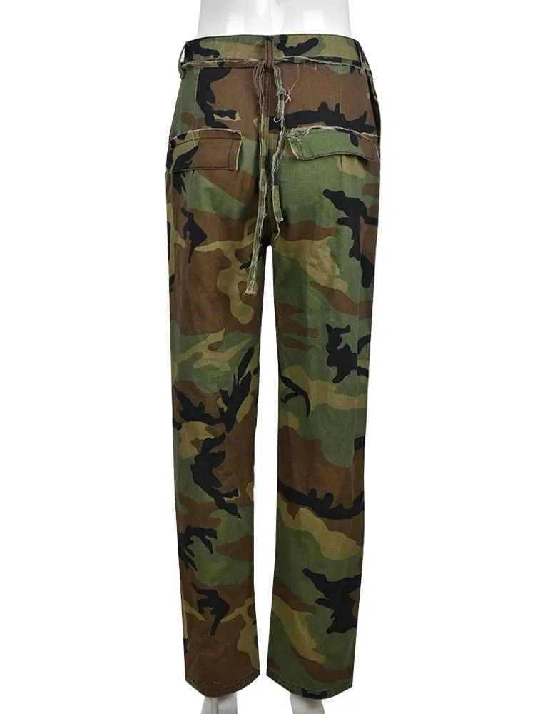 Women's Casual Fashion Hollow Streetwear Camouflage Straight Pants