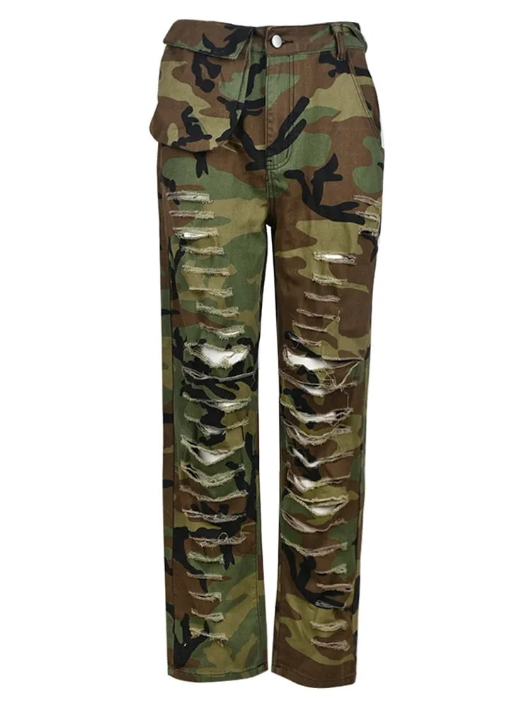 Women's Casual Fashion Hollow Streetwear Camouflage Straight Pants