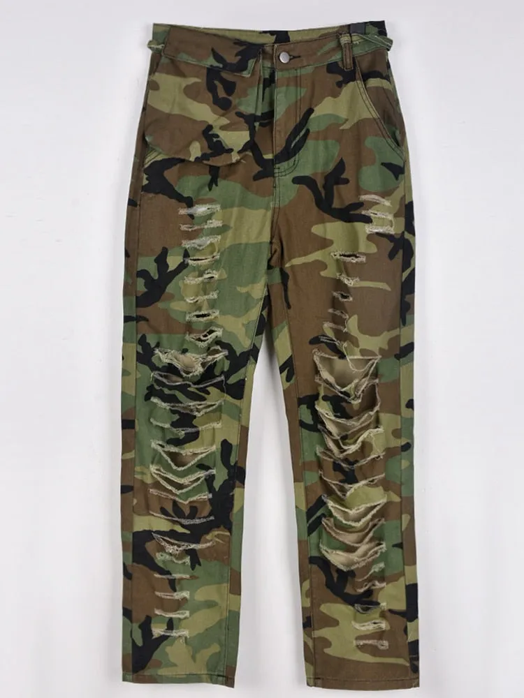 Women's Casual Fashion Hollow Streetwear Camouflage Straight Pants