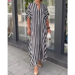 Women's Summer Fashion Striped Printed V Neck Short Sleeve Split Long Shirt Dresses Casual Streetwear Oversized Maxi Dress Robes