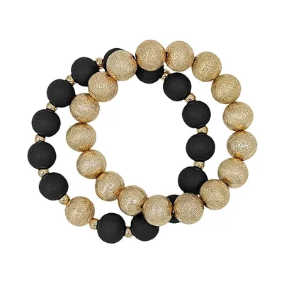 Wood Beaded and Textured Gold Bracelet Set